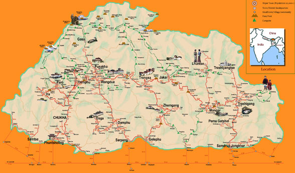Bhutan Map - Click here to enlarge tourist map